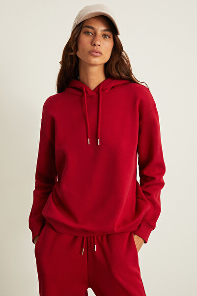 GRIMELANGE Blerta Red Hooded Relaxed Fit Kangaroo Pocket Women's Sweatshirt