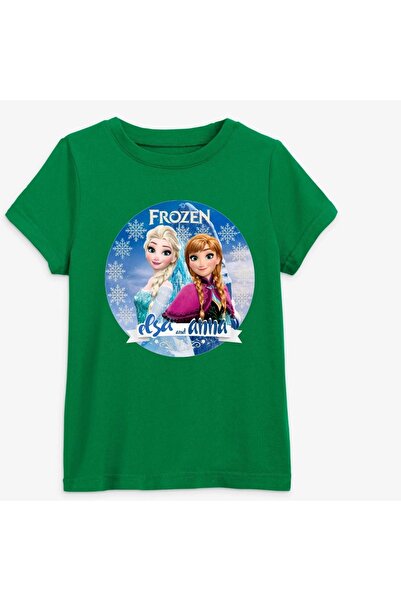 PHAMUK Kısa Kollu Bisiklet Yaka Erkek Çocuk Yeşil Tshirt Elsa Frozen Baskılı ...