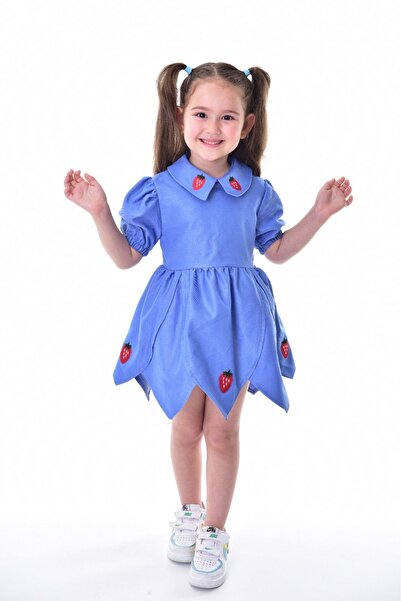 Yavrumsa Çilek Nakışlı Gabardin  Elbise