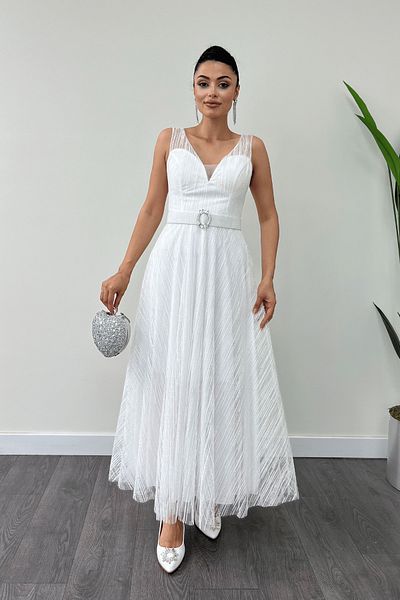 giyimmasalı Rochie cu bretele midi, sclipicioasă, albă