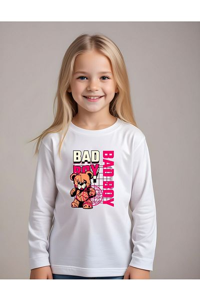 YA KO KİDS Hanorac alb cu gât rotund pentru fetiță cu imprimeu Bad Boy