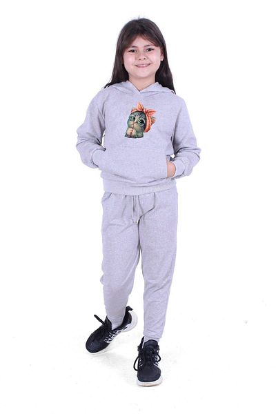 FYK COLLECTİON Cute Cat Printed Unisex Παιδική φόρμα με κουκούλα με τσέπη καγκουρό σε γκρι χρώμα