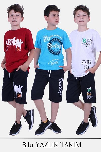 YA KO KİDS 3-Piece Vintage-Dg Nuk-States Text Printed Boys' Summer Suit