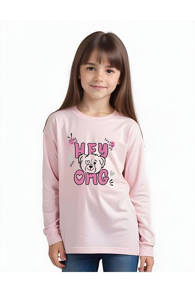 YA KO KİDS Pink Hey Text Printed Girl's Round Neck Sweatshirt