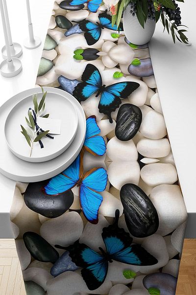 on the clouds Blue Butterfly Pattern Pebble Runner - Αδιάβροχο ύφασμα, τραπέζι σαλονιού και κουζίνας, διαφορετικά μοντέλα