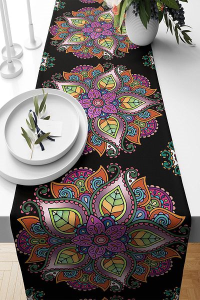 on the clouds Runner negru cu model Mandala - țesătură colorată, rezistentă la pete, pentru sufragerie și masă de bucătărie