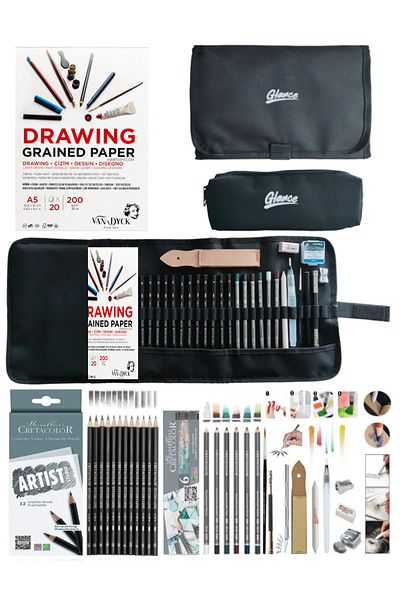GLANCE Van Dyck 200 gr Cretacolor Aquarell Set - 6-Piece Black Pen Holder with Graduated Pocket + 24 Compartments Pencil Case