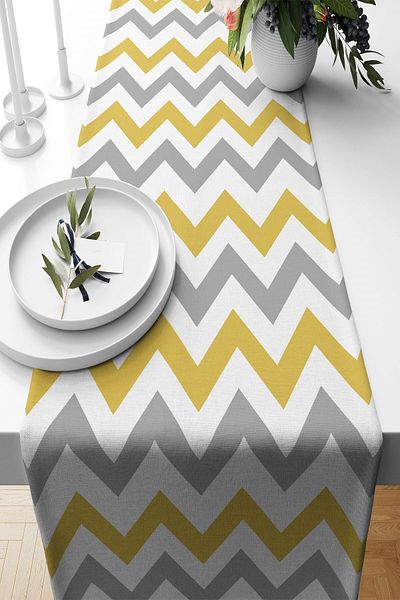 on the clouds Yellow Gray Zigzag Pattern - Stain Resistant Fabric Ranir Models Living Room and Kitchen Table