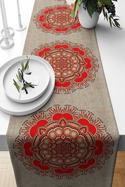 Pelangi Turuncu Mandala Desenli Leke Tutmaz Kumaş Salon Mutfak Masa Değişik R...