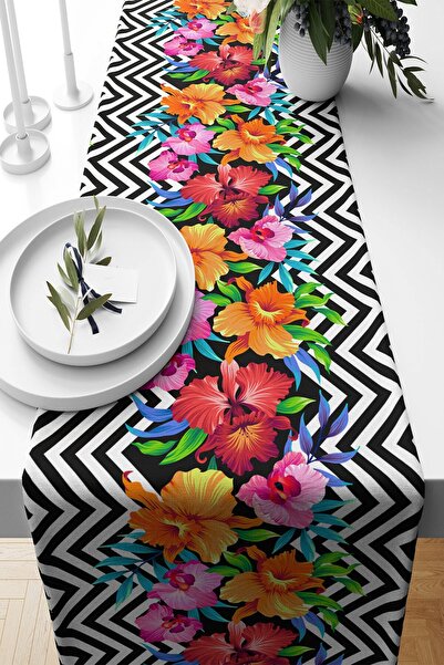 Pelangi Black and White Zigzag Pattern - Stain Resistant Fabric Runner Living...