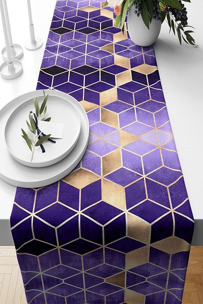 on the clouds Țesătură rezistentă la pete cu model geometric auriu albastru - Runner pentru masă pentru sufragerie și bucătărie
