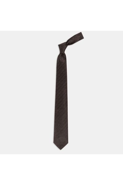 1001 Kravat Brown Herringbone Patterned 8 cm Wide Wool Silk Blended Tie