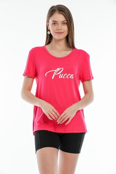 Kallisto Pachet de 2 tricouri cu guler oval fuchsia imprimate