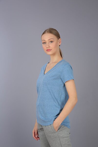 Kallisto Μπλε πλεκτό μπλουζάκι από 100% βαμβάκι με λαιμόκοψη σε σχήμα V