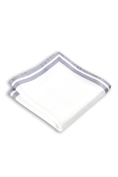 1001 Kravat Silk Pocket Handkerchief with Gray Edge Stripes and White Colors in 33x33 cm Sizes
