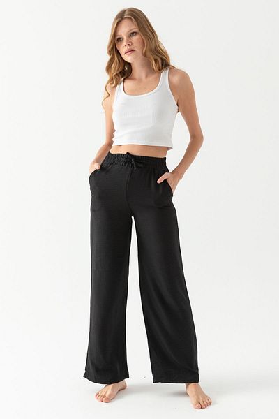 CNRCollection Black High Waist Linen Look Palazzo Trousers - Loose Fit with Pockets and Elastics