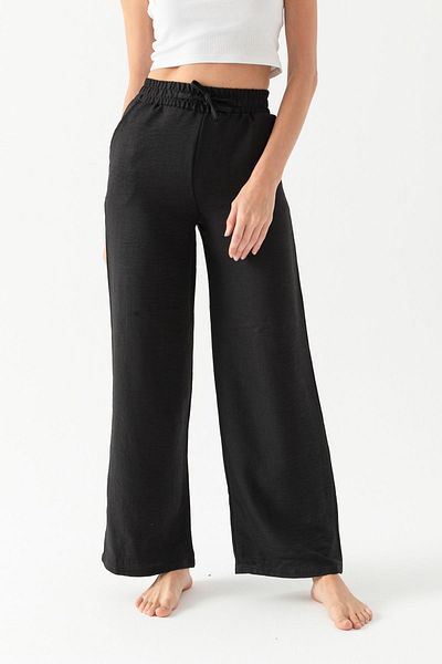 CNRCollection Black High Waist Linen Look Palazzo Trousers - Loose Fit with Pockets and Elastics