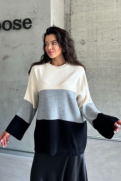 MODAGEN Schwarzer zweifarbiger Strickpullover für Damen mit Rundhalsausschnitt