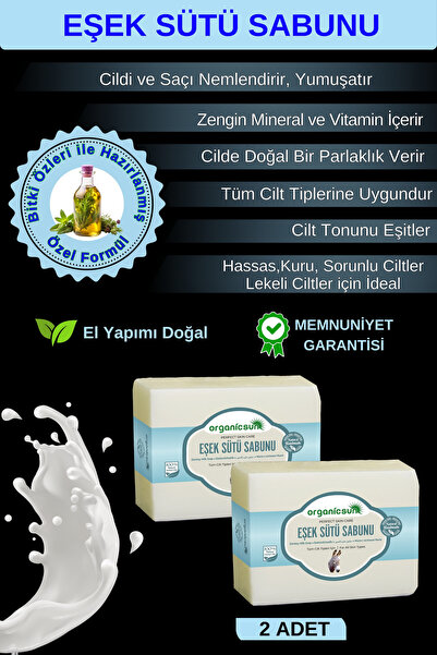 Organicsun Doğal Eşek Sütü Sabunu 140 Gr x 2 Adet Tüm Cilt Tipleri İçin Anti ...