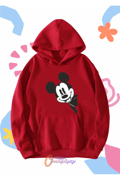 oneagılyazı Mickey Mouse Patterned Red Oversize Hooded Children's Sweatshirt