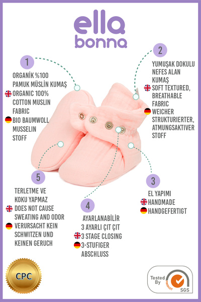Ella Bonna Růžové mušelínové botičky z biobavlny - novorozenecké boty