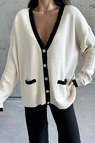 MODAGEN Thick Striped Ecru Hijab Knitwear Set - Button Detailed