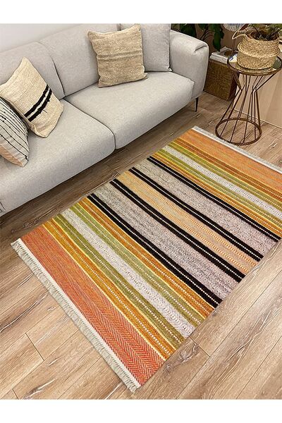 kilim home Covor decorativ țesut cu model etnic, în nuanțe de verde și muștar...