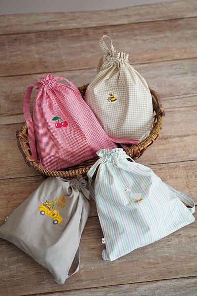 Kirazkids 4-Piece Natural Cotton - 4 Different Colored Embroidered Cloth Pouch Set