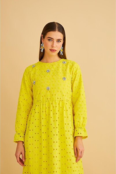 Basicpark Hesna Stone Embroidered Oversize Yellow Embroidery Dress with Frilly Skirt