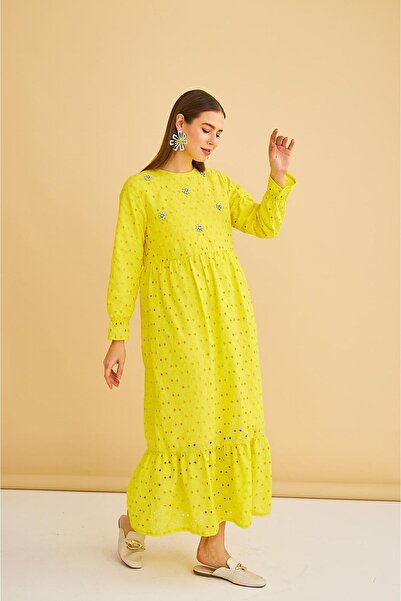 Basicpark Hesna Stone Embroidered Oversize Yellow Embroidery Dress with Frilly Skirt