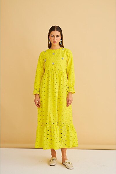 Basicpark Hesna Stone Embroidered Oversize Yellow Embroidery Dress with Frilly Skirt