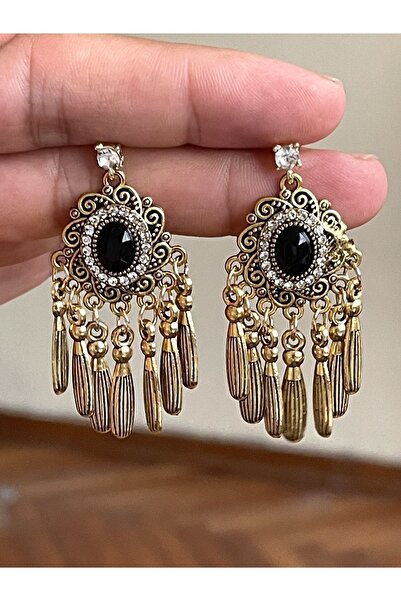 Rupen Kraft Siyah Taşlı Sallantılı Otantik Küpe