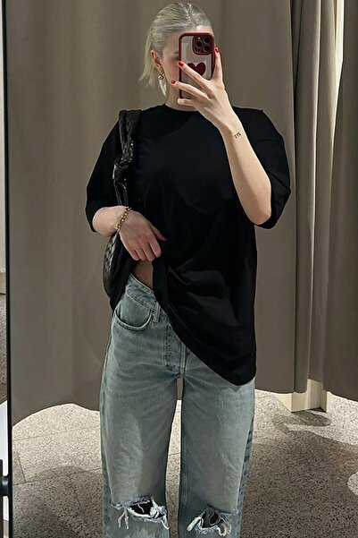 YAKAMEL Γυναικείο καλοκαιρινό - Φαρδύ κοντομάνικο μπλουζάκι με λαιμόκοψη