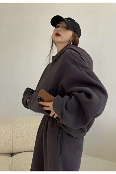 CMZ COLLECTİON Γυναικείο σετ φόρμας με κουκούλα, σε χρώμα καπνιστό, από φλις ...