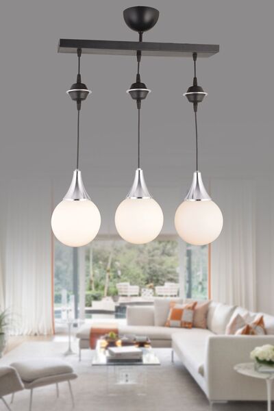 Genel Markalar Sarkıt Sıralı Siyah 3'lü Beyaz Glop Camlı Krom Aşağı Bakan Lük...