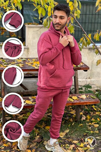 CMZ COLLECTİON Ανδρικό Σετ Φόρμας - Μελανζέ Δαμασκηνί 3 Νημάτων, Με Κουκούλα,...