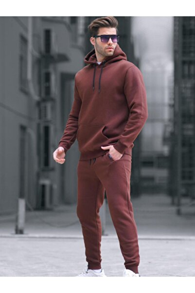 CMZ COLLECTİON Ανδρικό σετ φόρμας με κουκούλα και 3 κλωστές σε καφέ χρώμα - Ε...