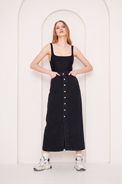 Kutaf Önden Düğmeli Uzun Jean Etek
