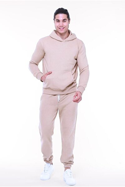 CMZ COLLECTİON Ανδρικό σετ φόρμας σε μπεζ χρώμα με κουκούλα και ψηλόμεσες τσέ...