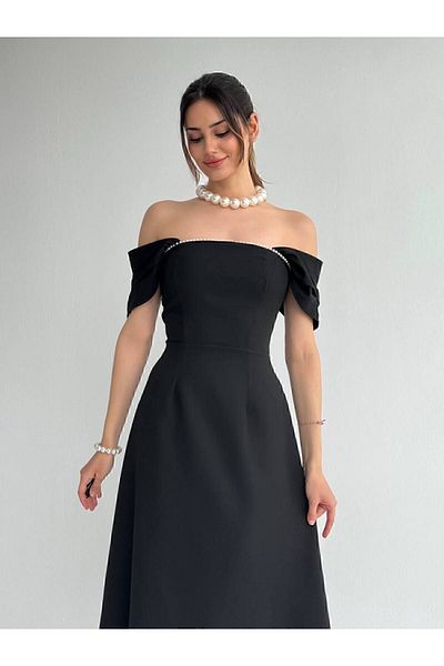 mafdress perlové detailní midi černé večerní promoční šaty