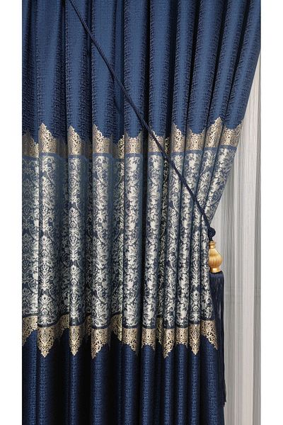 Yuka Panel Background Curtain Navy Blue Gray Single Wing Tight Pleated Jacquard Shiny Patterned