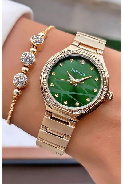 Homies Yellow Silver Colored Waterproof Women's Wristwatch and Bracelet Gift