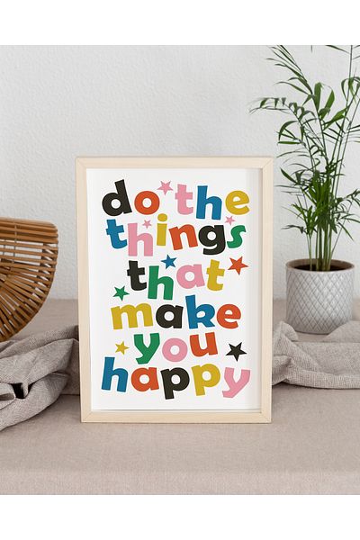 Ayışığı Dizayn Set de pictură cu un singur perete - Text Make Happy, cadru din lemn natural