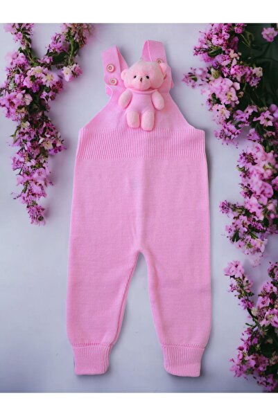 gogo bici Teddy Bear Buttoned Baby Kids Knitwear Salopette Pink