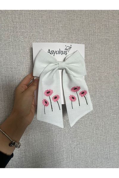 asyakuş مشبك أوتوماتيكي بفيونكة مطرزة بالزهور الوردية