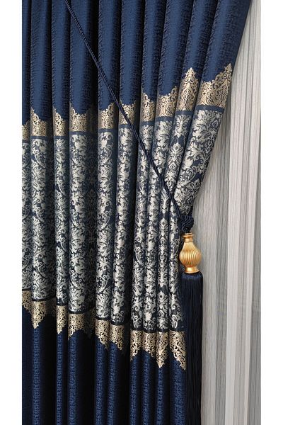 Yuka Panel Background Curtain Navy Blue Gray Single Wing Tight Pleated Jacquard Shiny Patterned