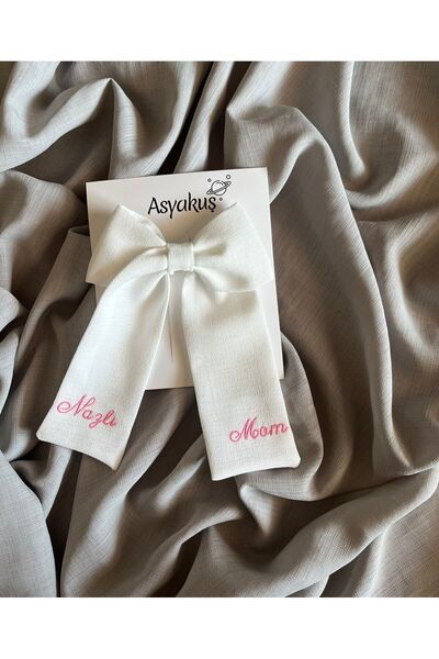 asyakuş Mom and Name Embroidered Ecru Bow Automatic Buckle