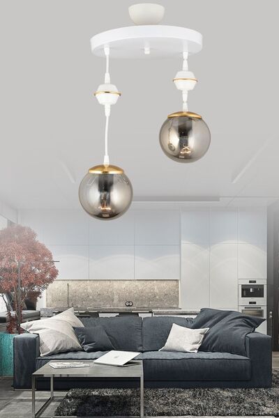 Genel Markalar Sarkıt Tepsi Beyaz 2'li Füme Glop Camlı Aşağı Bakan Lüks Avize