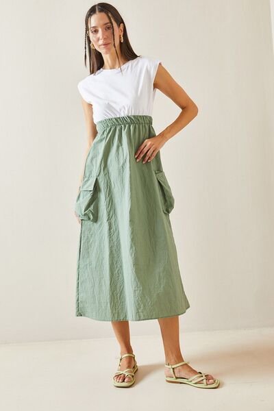 XHAN Haki Bisiklet Yaka Vatkalı Paraşüt Elbise 5YXK6-48846-09