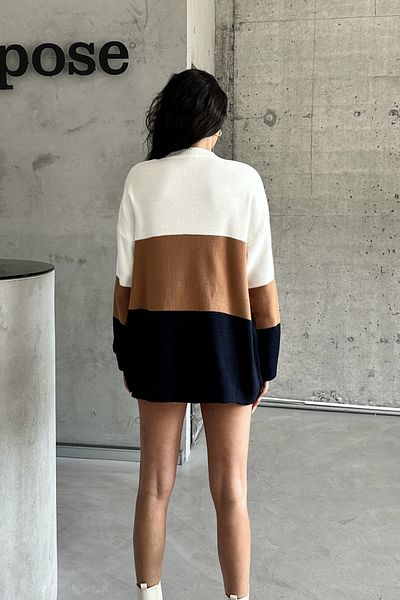MODAGEN Ecrufarbener Strickpullover für Damen – zweifarbig, Rundhalsausschnitt